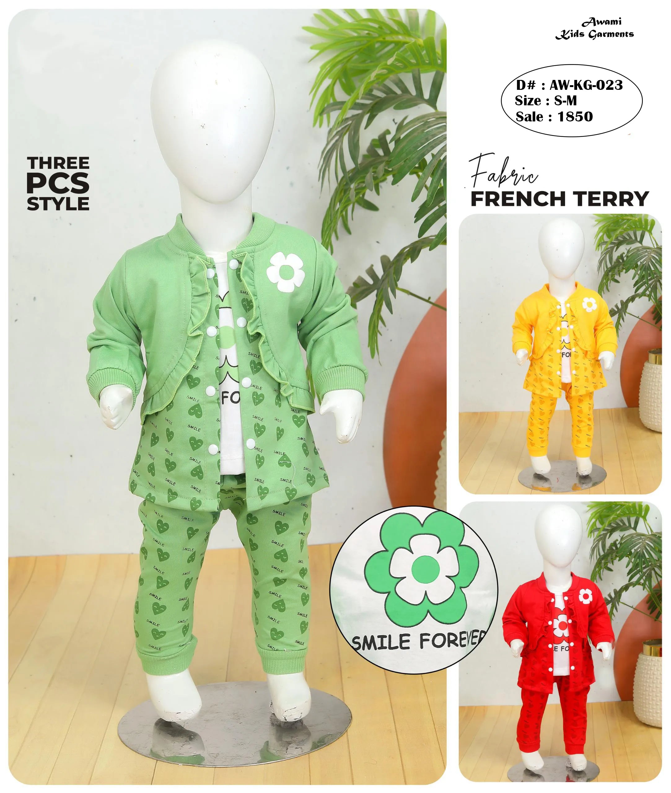 Baby Girl French Terry 3-Piece Outfit Set | “Smile Forever” Jacket, Inner & Pajama (Sizes S–M)