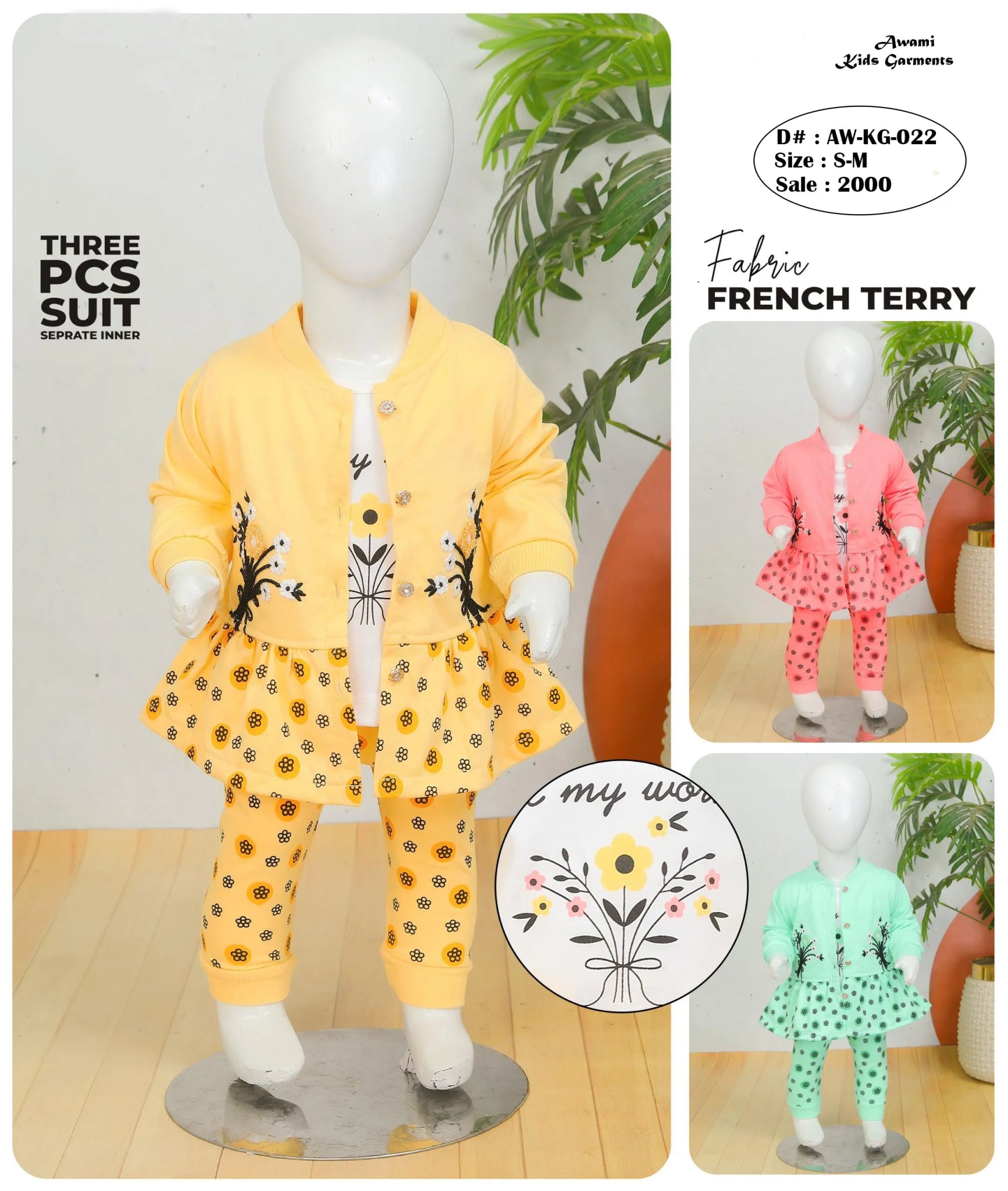 Baby Girl French Terry 3 - Piece Suit | Printed Jacket, Inner & Pant (Sizes S–M) - Awami traders international