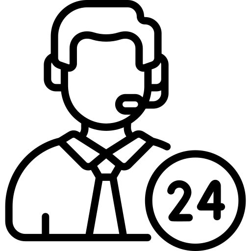 Outline of a person with a tie and a '24' circle, symbolizing 24/7 service.