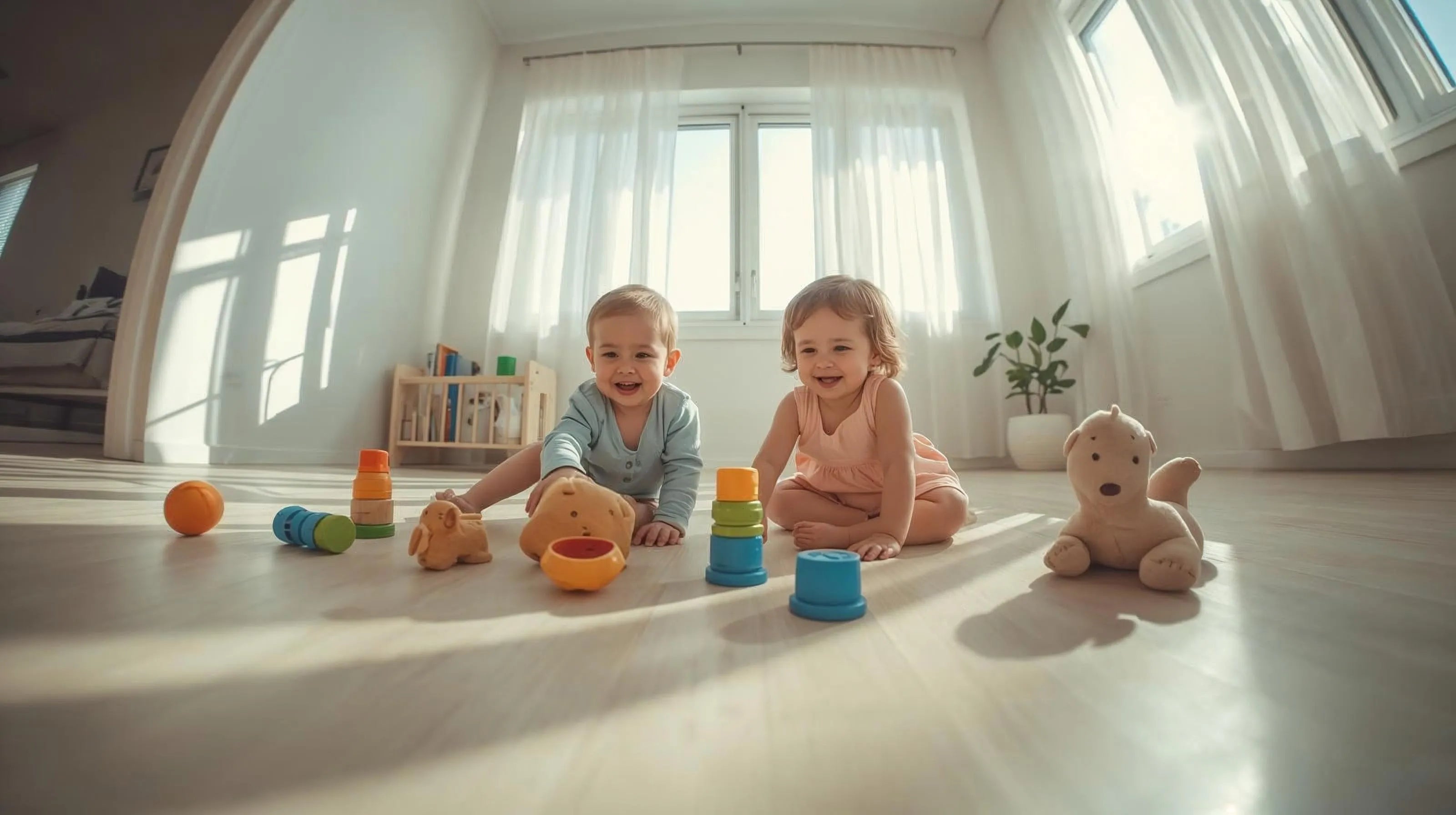 Two cute children playing with toys on a wooden floor in a bright room.
