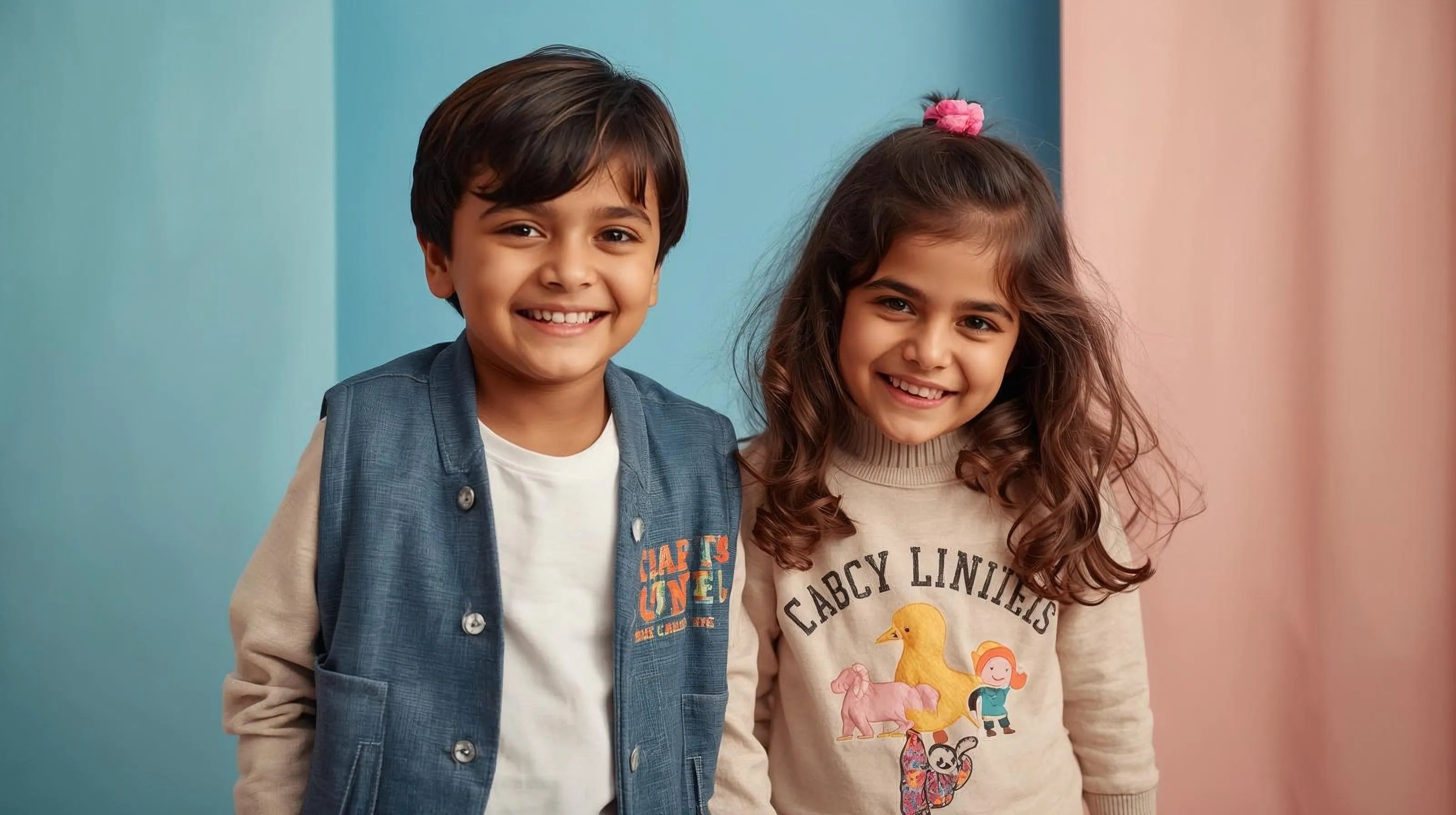Two children wearing branded clothing against a colorful background