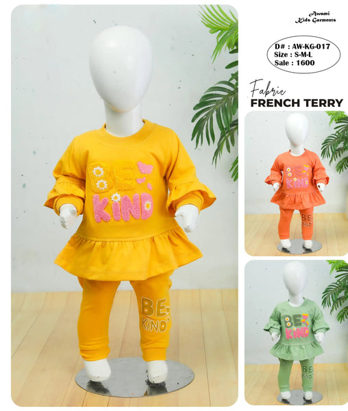 Baby Girl French Terry Outfit Set | “Be Kind” Printed Top & Pajama (1–4 Years)