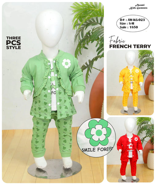 Baby Girl French Terry 3-Piece Outfit Set | “Smile Forever” Jacket, Inner & Pajama (Sizes S–M)