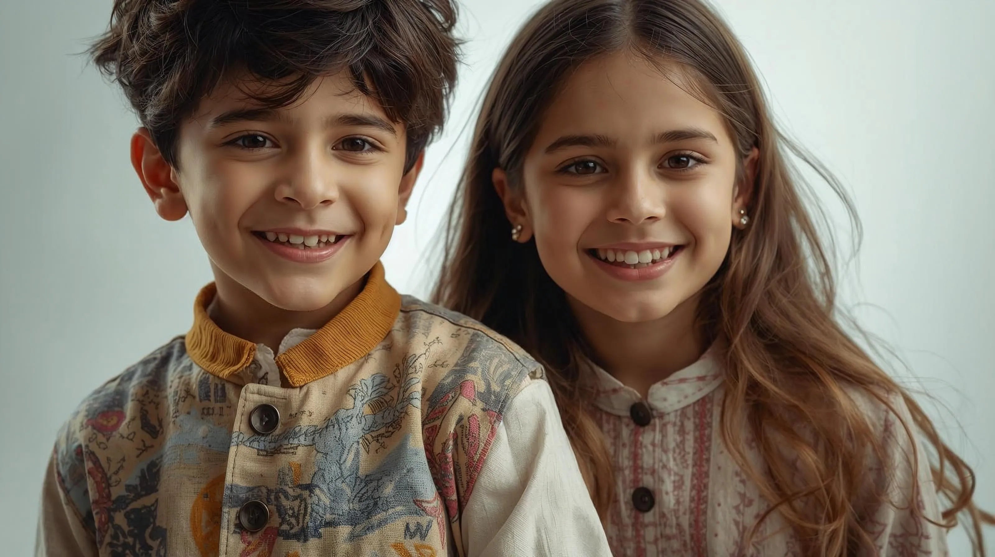 Two children smiling against a plain background