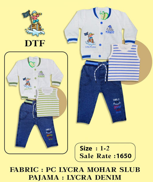 Baby Boy Pirate Jacket Set with Striped T-Shirt & Denim Joggers (1–2 Years)