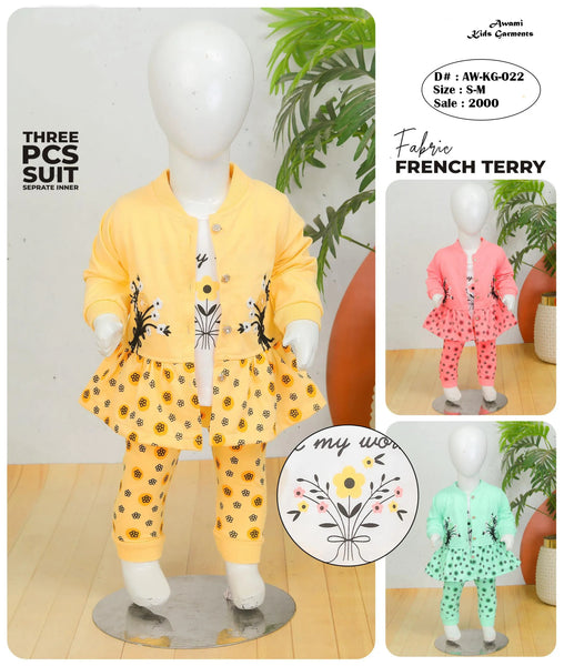 Baby Girl French Terry 3-Piece Suit | Printed Jacket, Inner & Pant (Sizes S–M)