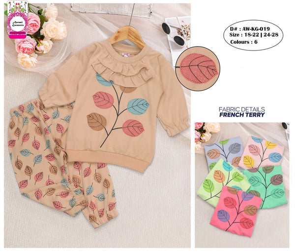 Baby Girl French Terry Outfit Set | Ruffle Neck Printed Sweatshirt & Pants (Sizes 18–28)