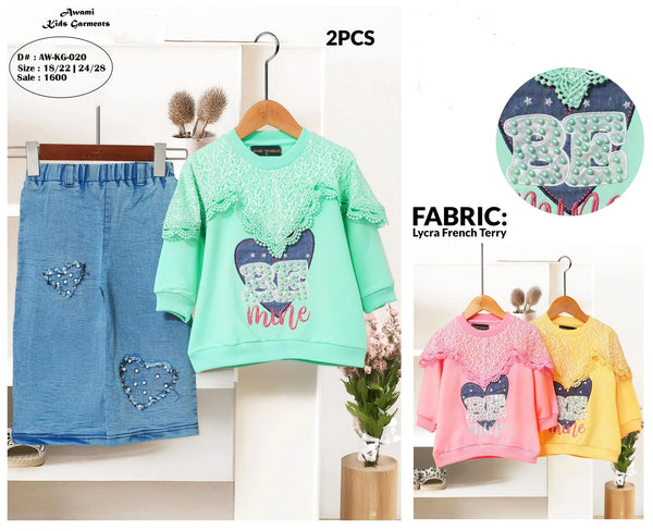Baby Girl Lycra French Terry Outfit Set | “Be Mine” Lace Sweatshirt & Denim Pant (Sizes 22–28)