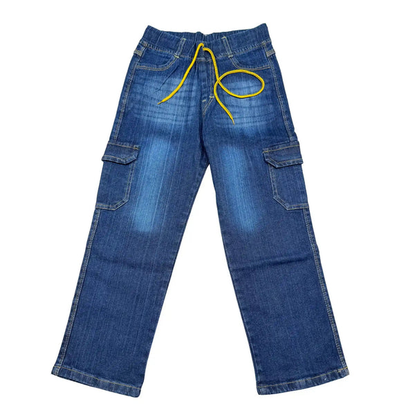 Baggy Jeans – Oversized denim pants with 6 pockets and a yellow drawstring. Relaxed fit for streetwear style.
