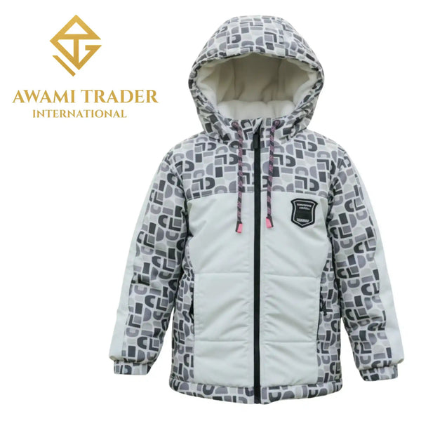 Boys’ White & Gray Printed Winter Hoodie Jacket – Soft Micro Fabric, Warm Fleece Lining | Trendy Hoodies in Pakistan (Sizes 20 & 22)