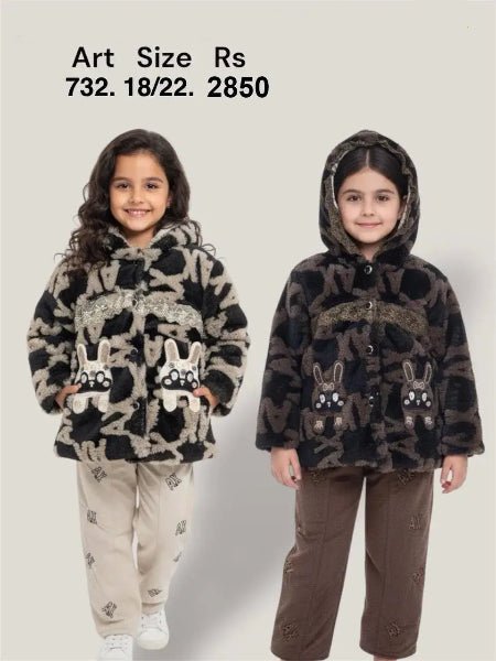 Cute Bunny Kids Winter Outfit | Girls Fur Hoodie & Trouser Set