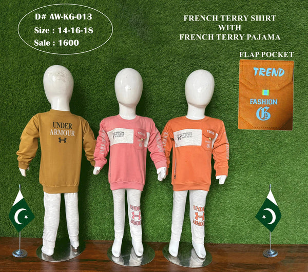 Kids French Terry Outfit Set | Branded Sweatshirt with Flap Pocket & Pajama (Sizes 14–18)