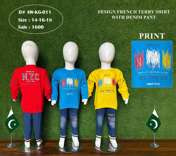 Kids French Terry Outfit Set | Printed Sweatshirt & Denim Pant (Sizes 14–18)