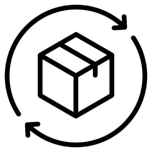 Icon of a box with circular arrows around it on a white background