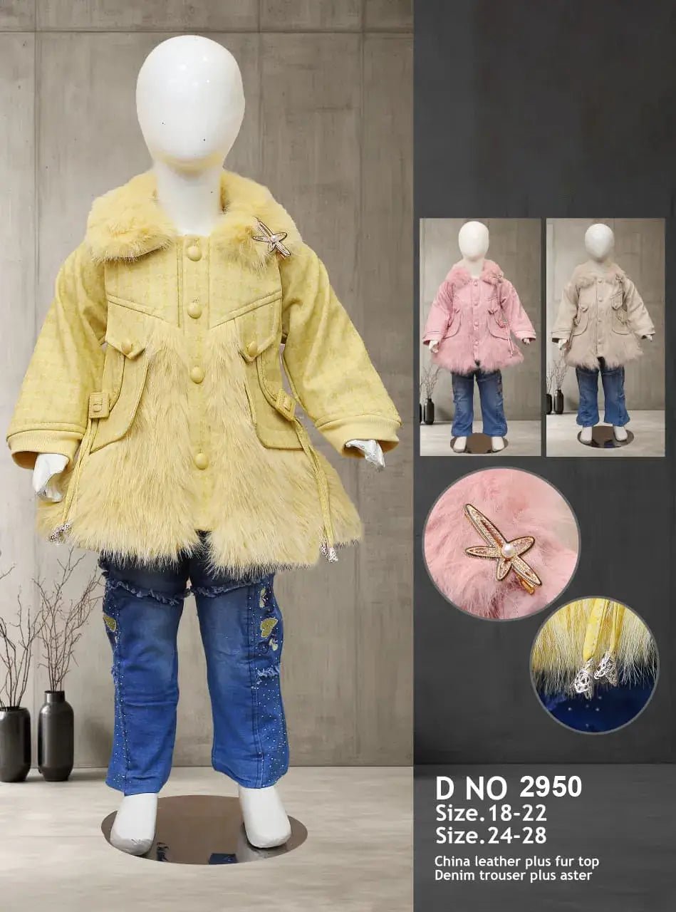 Stylish Kids Winter Outfit | Girls Fur Jacket & Denim Trouser Set - Awami traders international