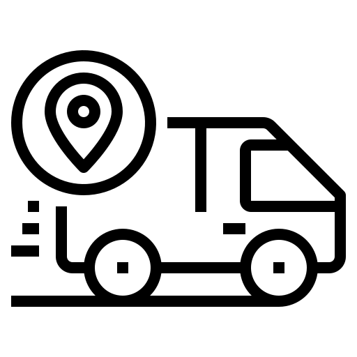 Icon of a delivery truck with a location pin symbol on a white background